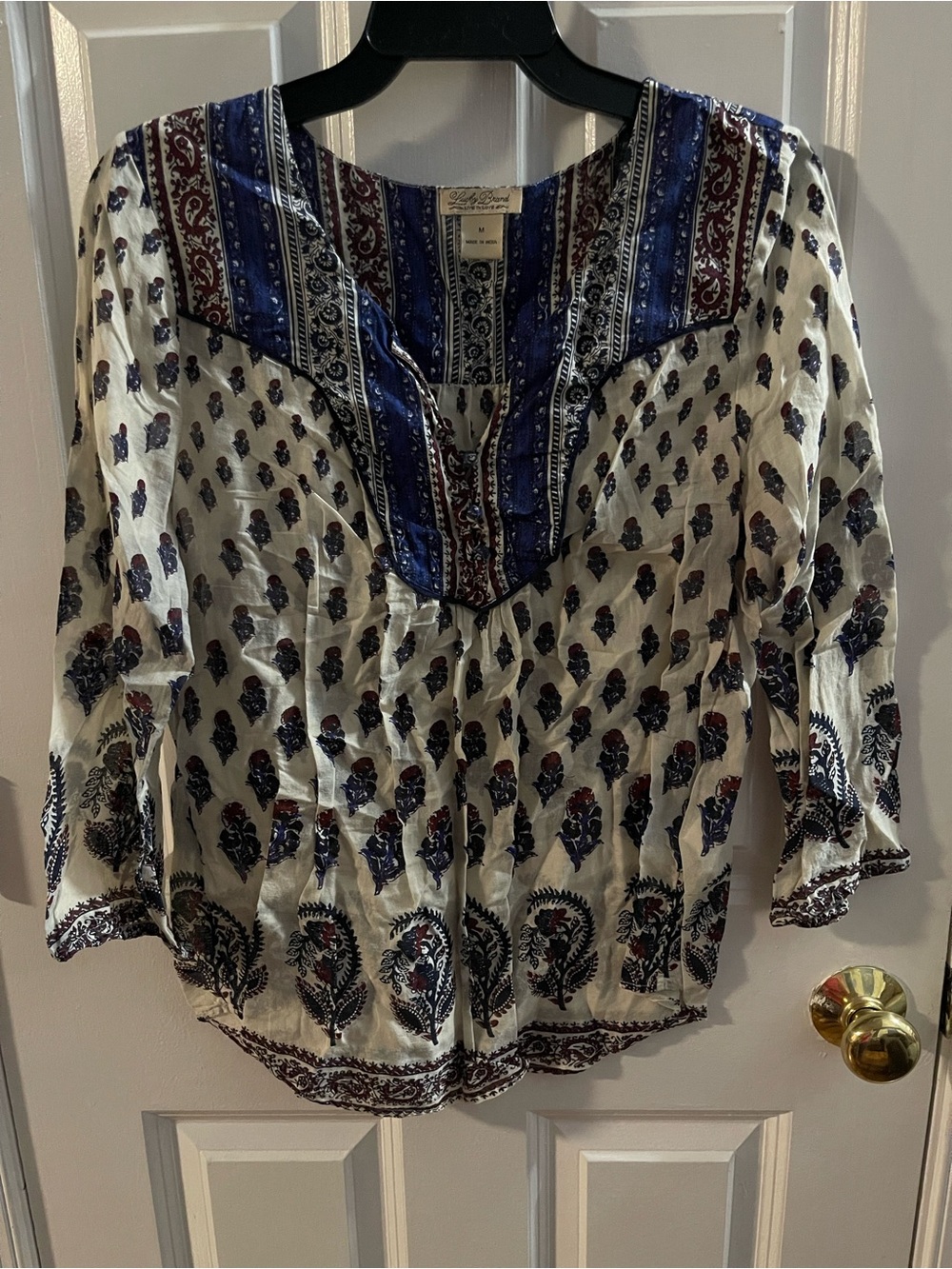Lucky Brand Cream Tunic with Blue & Brown Paisley Print